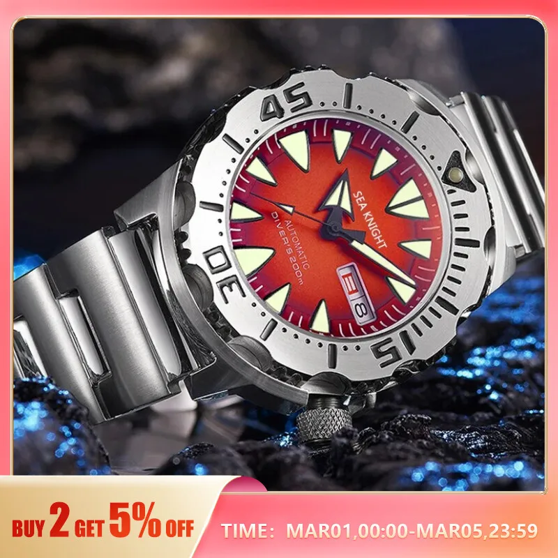 SEA KNIGHT Monster V2 Men Diver Watch Sapphire 200M Waterproof Red Dial Stainless Steel NH36 Automatic Mechanical Wristwatch