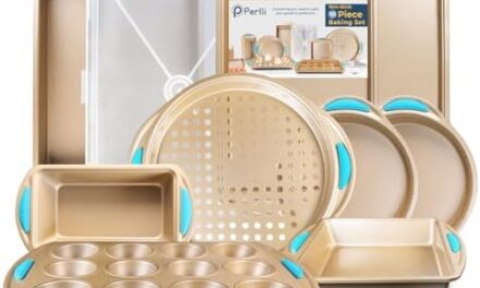 Perlli Baking Pan 10 Piece Set Nonstick Gold Steel Oven Bakeware Kitchen Set with Silicone Handles, Cookie Sheets, Round Cake Pans, 9×13 Pan with Lid, Loaf Pan, Deep Pan, Pizza Crisper, Muffin Pan