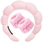 Spa Headband for Washing Face Wristband Sponge Makeup Skincare Headband Terry Cloth Bubble Soft Get Ready Hairband for Women Girl Puffy Padded Headwear Non Slip Thick Hair Accessory(Pink)