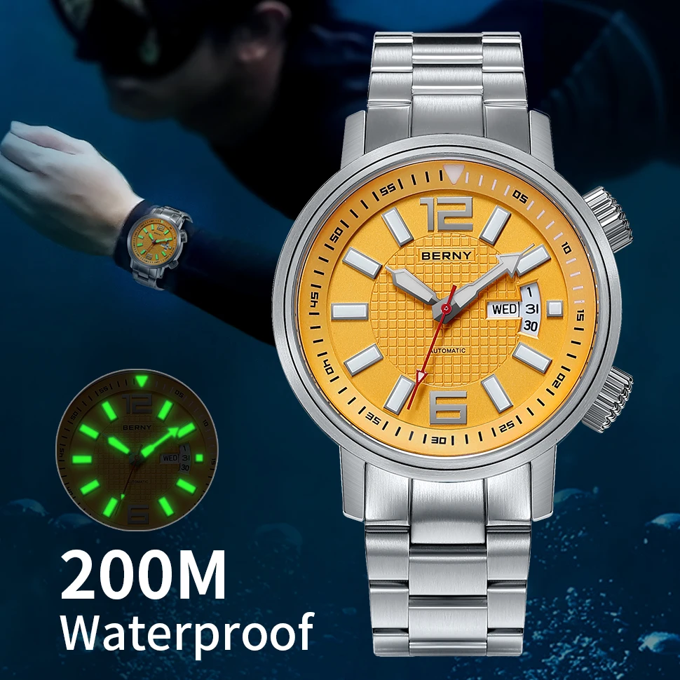 BERNY 20ATM Men Diving Automatic Watch Super Waterproof Luminous Sapphire Self Winding Mechanical Wristwatch for  Sport Watches