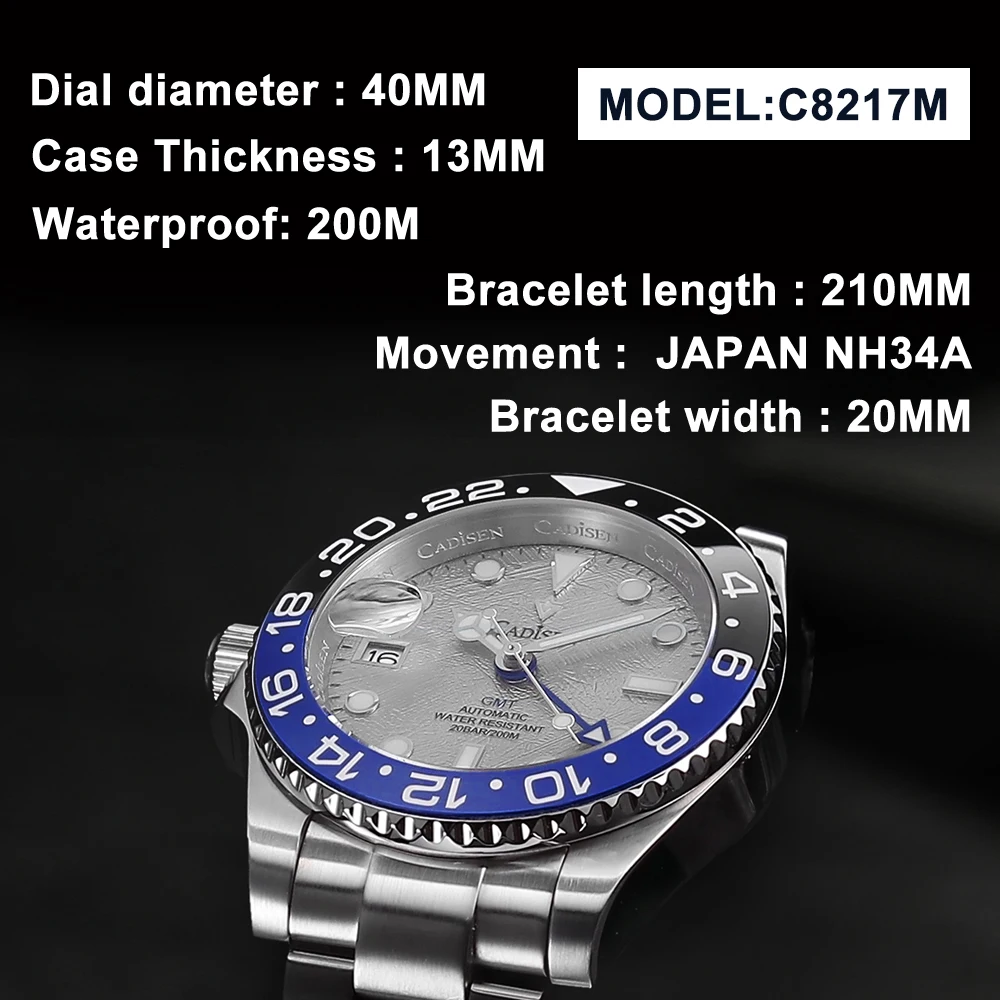 CADISEN New Left Crown NH34 Men’s NH34 GMT Automatic Mechanical Watches Sapphire Stainless Steel Waterproof Clock Reloj Hombre