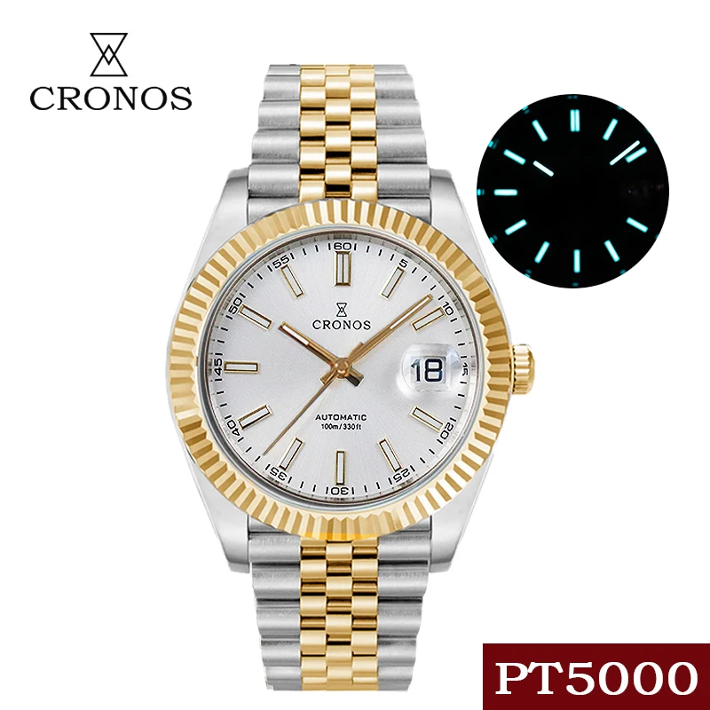 Cronos Date Luxury Men’s Dress Gold Man Watch Stainless Steel Links Bracelet Copper-Nickel Platinum PVD  Bezel 100m Waterpfoof