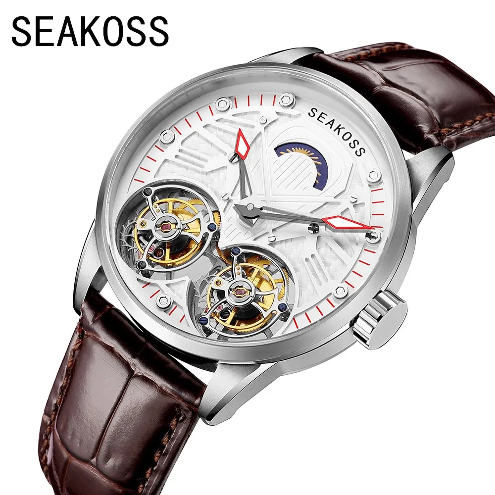 SEAKOSS Double Tourbillon Watch Men Top Luxury Sapphire Skeleton Hollow Mechanical Hand Manual Winding Wristwatches Mens Fashion