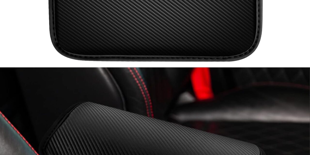 Amiss Car Center Console Pad, Universal Waterproof Car Armrest Seat Box Cover, Car Interior Accessories, Carbon Fiber PU Leather Auto Armrest Cover Protector for Most Vehicle, SUV, Truck, Car (Black)