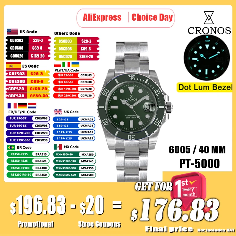 Cronos Sub Diver Luxury Men Watch Stainless Steel PT5000 Bracelet Ceramic Rotating Bezel Printed logo Glide Lock Clasp L6005