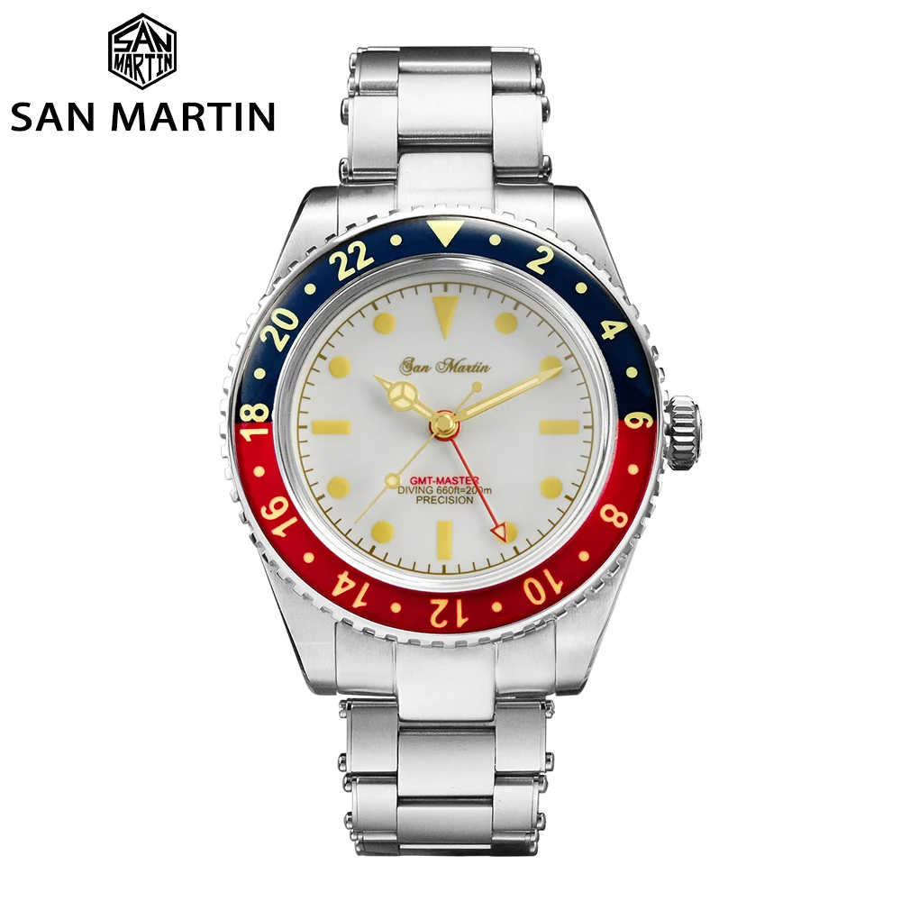 San Martin Retro GMT Rivet Bracelet Water Ghost Diver Men Automatic Mechanical Watch Waterproof 20Bar Luxury Sapphire SN0005-1