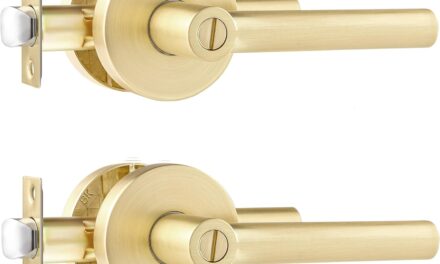 Leydebong 2 Pack Privacy Lever Door Handle [Thumb Turn Lock on The Inside] for Bedroom or Bathroom with a Satin Brass Finish, Reversible for Right & Left Side