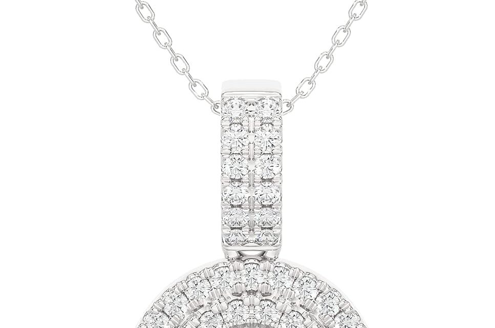 1/2 to 5/8 Carat Diamond Double Halo Pendant Necklace for Women in 14k White Gold (H-I, SI2-I1, cttw) with 18 Inch Silver Chain and Lobster Claw