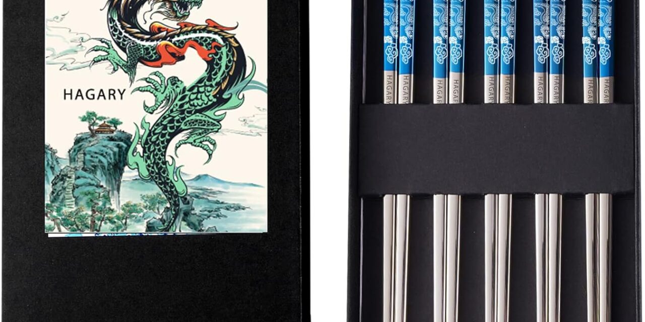 Dragon Chopsticks Metal Reusable Designed In Korea Japanese Style Stainless Steel 316 18/10 Non-Slip Dishwasher Safe Laser Etched (Blue – 5 Pairs)