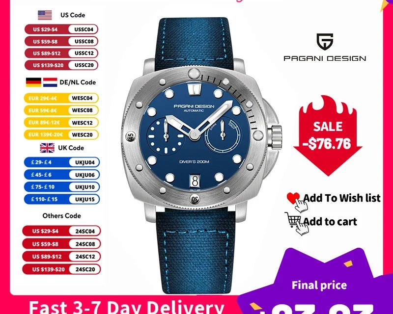 PAGANI DESIGN Men’s Watches New Diver Automatic Mechanical Watch Sapphire Stainless Steel Sport 20 Bar Clock Relogios Masculino