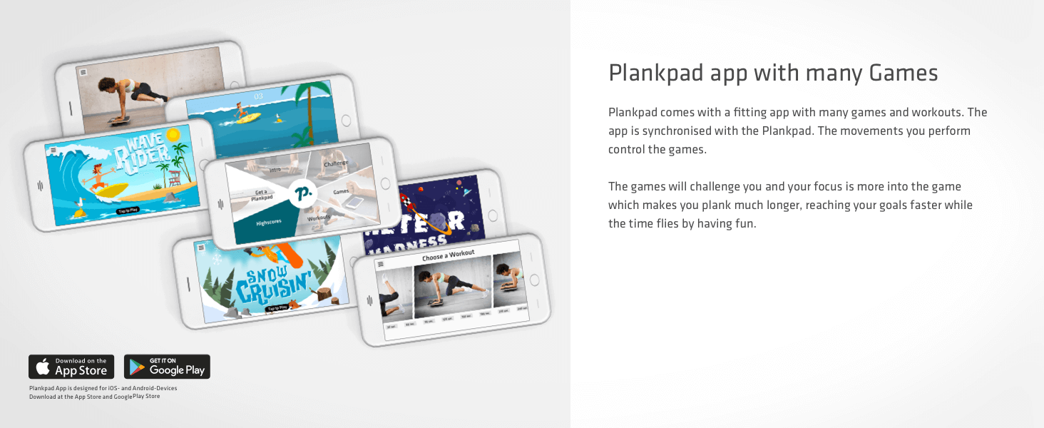 Plankpad with a fitting app with many games & workouts. The app is synchronised with the Plankpad