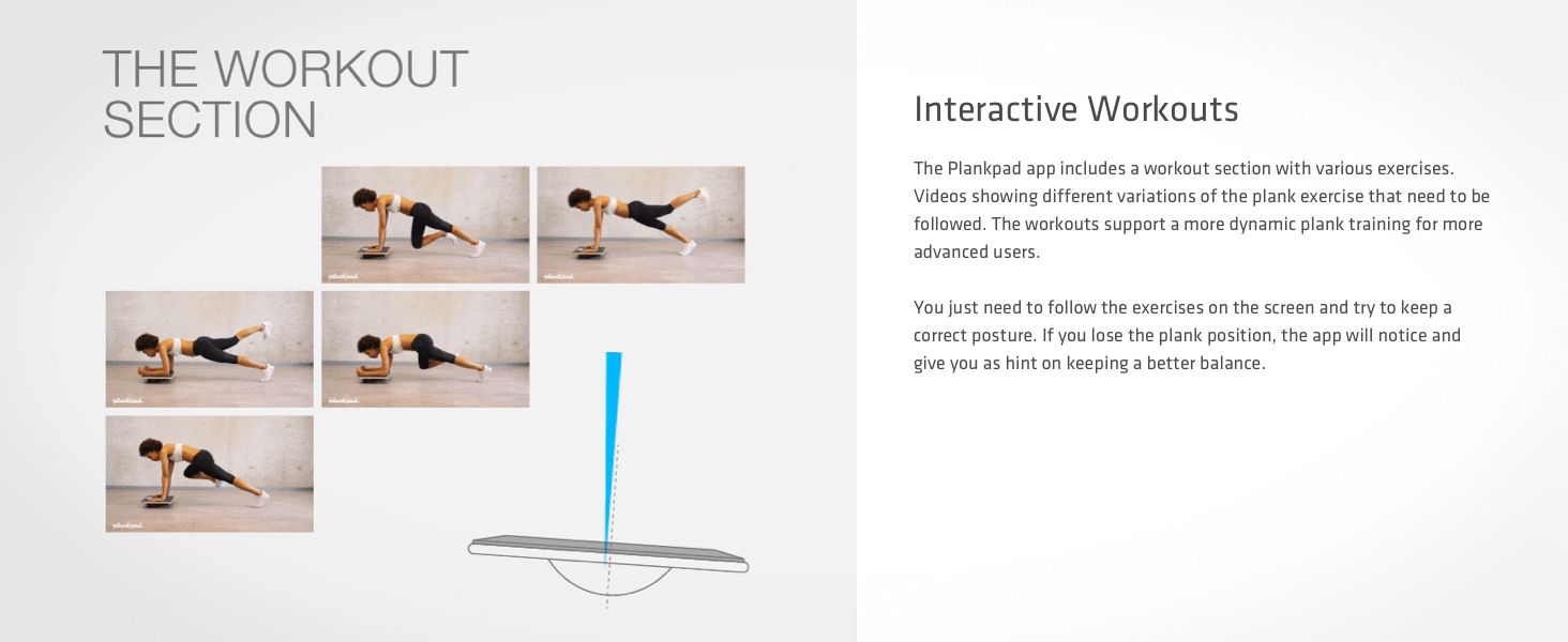 The Plankpad app includes a workout section with various exercises. Videos showing plank variations.