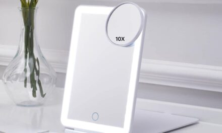 LED Foldable Travel Makeup Mirror – 5×7 inches 3 Colors Light Modes USB Rechargeable Touch Screen, Portable Tabletop Cosmetic Mirror for Travel, Cosmetic, Office (White)