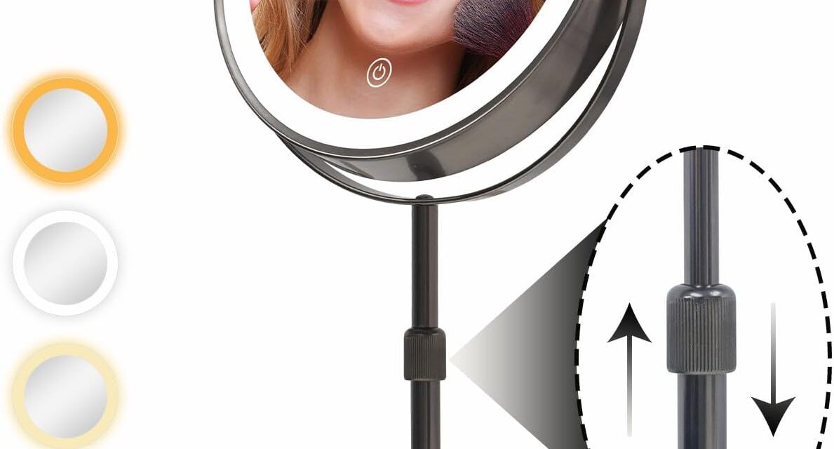 9″ Lighted Makeup Mirror with with Lights and Magnification 1X/10x, 5000mAh Rechargeable Magnifying Vanity Mirror, 3 Light Colors Dimmable & Height Adjustable Mirror Gunmetal Grey