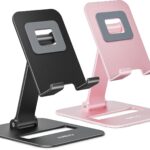 Nulaxy 2 Pack Dual Folding Cell Phone Stand, Fully Adjustable Phone Holder for Desk, Compatible with iPhone 16 15 14 13 12 11, Nintendo Switch, All Phones, Black & Rose Gold