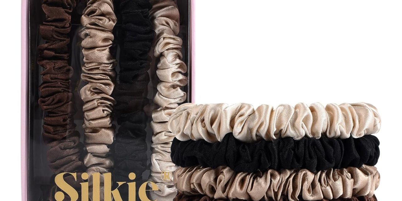 SILKIE x4 Set – Forget Satin – 100% Pure Mulberry Silk Black Brown Skinny Scrunchies Travel Pouch Everyday Hair Ties Elastics Hair Care Ponytail Holder No Damage (Chocolate)