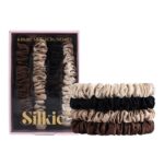 SILKIE x4 Set – Forget Satin – 100% Pure Mulberry Silk Black Brown Skinny Scrunchies Travel Pouch Everyday Hair Ties Elastics Hair Care Ponytail Holder No Damage (Chocolate)