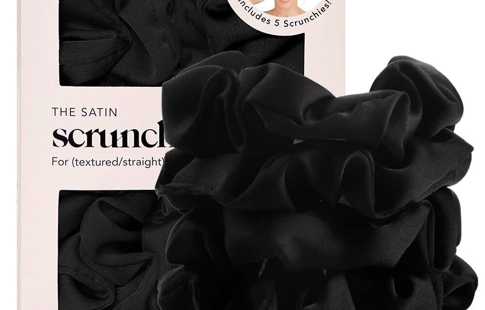 Kitsch Satin Hair Scrunchies for Women, Softer Than Silk Scrunchies for Hair, Satin Scrunchies for Girls, Satin Hair Ties for Women, Silk Hair Ties No Damage, Silk Ponytail Holders, 5 pcs (Black)