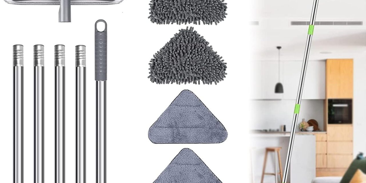 Hicvers Wall Cleaner Mop, Baseboard Tool Duster, with Extension Pole 23” to 85”, Window Squeegee, 6 Replacement Washable Microfiber Pad, for Cleaning Walls Ceiling Floor, Gray