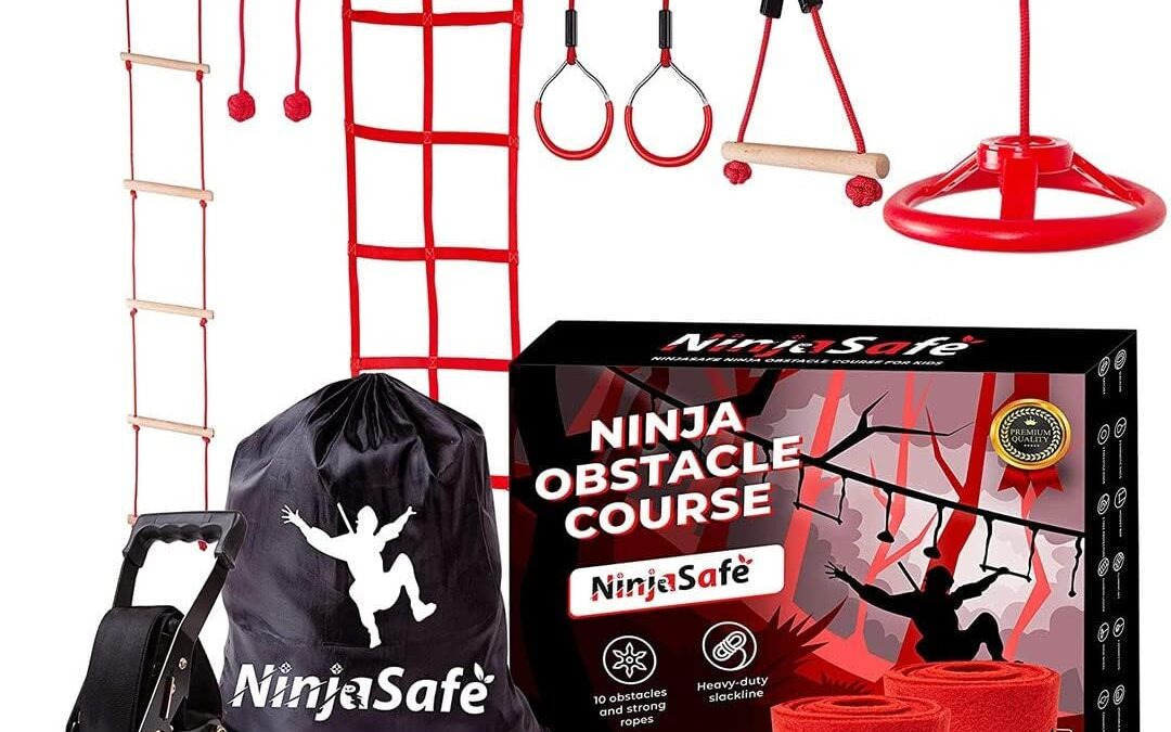 Ninja Obstacle Course for Kids Backyard – 10 Durable Obstacles and 50′ Slackline – Outdoor Warrior Obstacle Playset Equipment for Girls & Boys with Monkey Bars, Ladder, Wheel, Gymnastics, Climbing Net