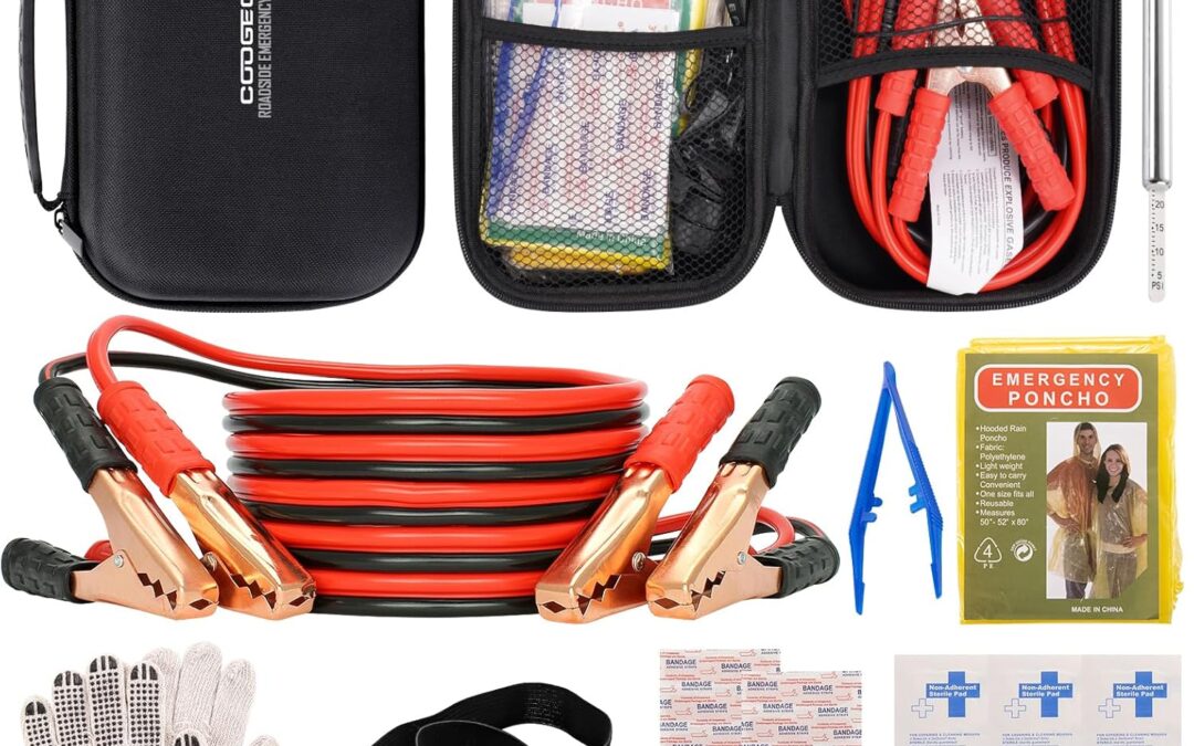 Roadside Assistance Emergency Kit Multipurpose Bag, Premium with Battery Jumper Cable Automotive Kit for Car,Vehicle, Truck or SUV for Men or Women, Black