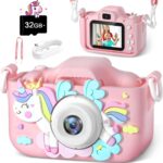 Kids Camera, 32GB Rechargeable Toddler Digital Camera Toy for Ages 5-7, Fun & Educational Toy for Boys & Girls 3 4 5 6 7 8 9 10 11 12 Year Old, Best Birthdays for Kids, Pink