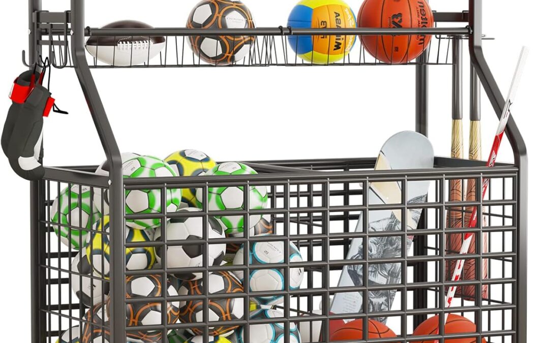 GILLAS Basketball Rack Ball Storage Rack, Garage Organizer,Sports Equipment Sports Gear Storage, for Sports Gear/Toys, for Indoor/Outdoor Black