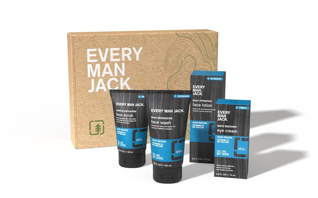 Every Man Jack Men’s 4-Piece Fragrance Free Skin Care Set – Face Wash, Scrub, Lotion, Eye Cream