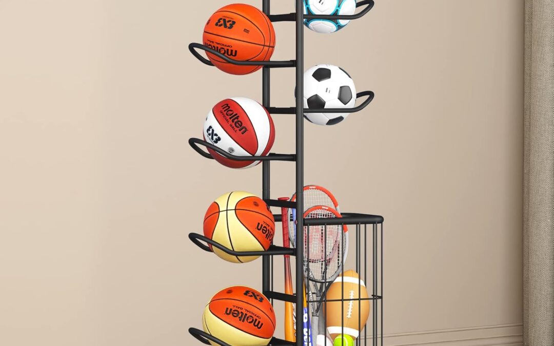 7-Ball Sports Equipment Storage Rack with Ball Holder and Basketball Rack, Athletic Gear Organizer ball Stand – Organize Toys, Sports Gear and More, 57.5″ (Black)