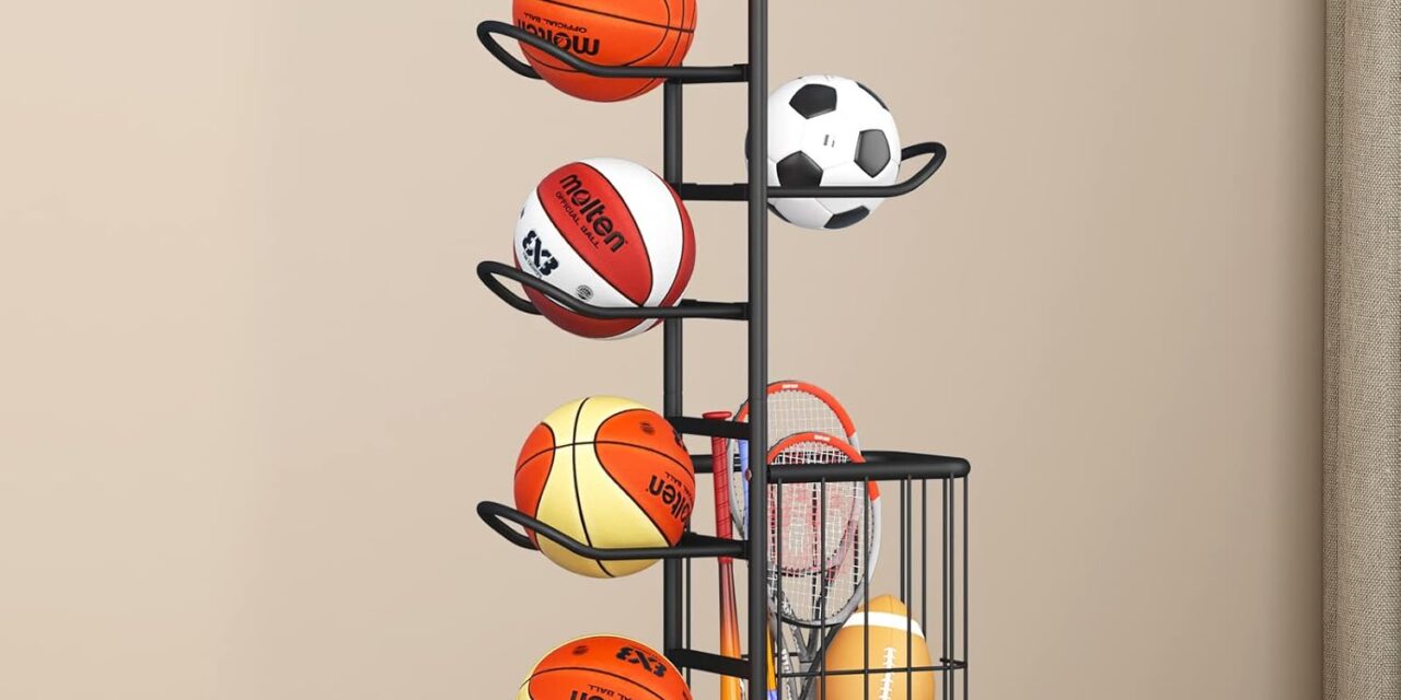 7-Ball Sports Equipment Storage Rack with Ball Holder and Basketball Rack, Athletic Gear Organizer ball Stand – Organize Toys, Sports Gear and More, 57.5″ (Black)