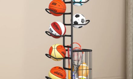 7-Ball Sports Equipment Storage Rack with Ball Holder and Basketball Rack, Athletic Gear Organizer ball Stand – Organize Toys, Sports Gear and More, 57.5″ (Black)