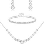 Jstyle Silver Jewelry Set for Women Rhinestone Crystal Necklace Drop Earrings Link Bangle Bracelet Bridal Wedding Jewelry Sets for Brides Bridemaid Prom Costume Accessories