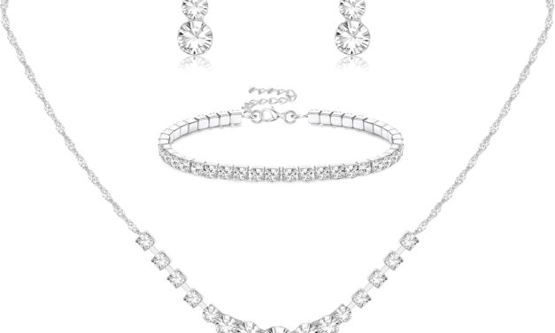 Jstyle Silver Jewelry Set for Women Rhinestone Crystal Necklace Drop Earrings Link Bangle Bracelet Bridal Wedding Jewelry Sets for Brides Bridemaid Prom Costume Accessories